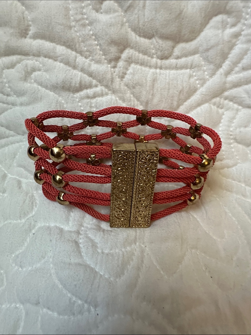 Gold-Accent Coral Multistrand Beaded Bracelet